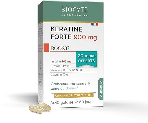 BIOCYTE Pack Kératine Forte 900mg - Croissance, Résistance & Santé Des Cheveux - Biotine, Vitamine B6, Zinc, Prêle, Luzerne - Complément Alimentaire Cheveux - Programme 60 jours