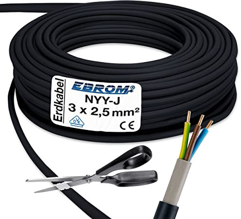 EBROM Erdkabel NYY-J 3x2,5 mm² - Starkstromkabel - PVC Erdleitung - schwarz - Meterware auf den Meter genau - Auswahl in 1 Meter Schritten, viele Längen - NYY-J 3x2,5 mm2 - Ihre Länge: 40 Meter