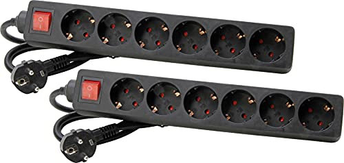 Kopp 2er Set Steckdosenleiste 6-Fach mit 2-poligem beleuchteten Schalter, 45° gedrehten Steckdosentöpfen, mit erhöhtem Berührungsschutz, 1,4m Zuleitung H05VV-F3G1,5mm², 16A, 250V~, Farbe schwarz