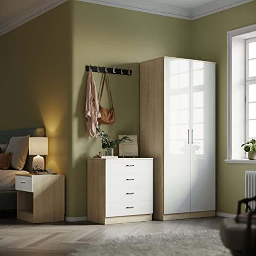 ELEGANT Modern High Gloss Wardrobe and Cabinet Furniture Set Bedroom 2 Doors Wardrobe and 4 Drawer Chest and Bedside Cabinet, White/Oak