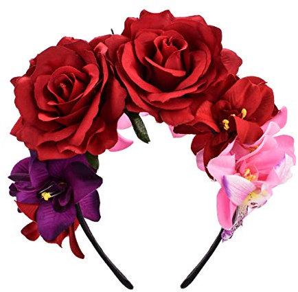 Merroyal Frida Kahlo Couronne de fleurs mexicaine pour la fête des morts, serre-tête Dia de Los Muertos - Rouge - Taille Unique