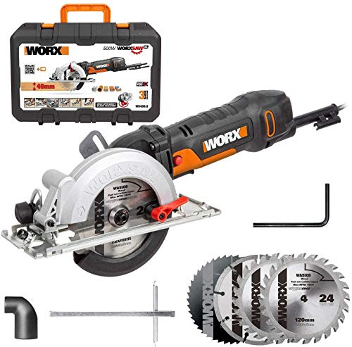 WORX Scie Circulaire 500W, WX439.2 4200 RPM, Profondeur de Coupe:30-46mm, Lame Taille:120mm, pour Couper Bois Métal Carreaux Plaque