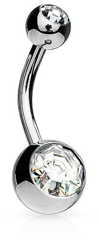 Jewel Barrel Crystal Belly Button Bar - Silver 14G Surgical Steel Navel Ring for Belly Button Piercing - Body Piercing Jewellery with Double Crystal Balls - Hypoallergenic & Durable