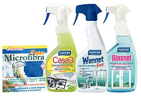 NUNCAS SET PULIZIA : CASA 9 SGRASSANTE DELICATO MELA VERDE 500ML + GLASNET VETRI 750 ML + WANNET EASY 500 ML + PANNO MICROFIBRA