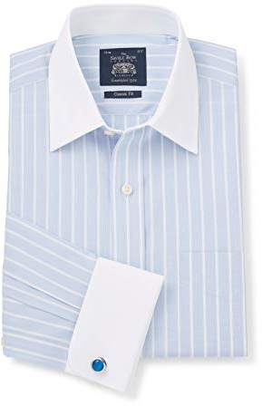 THE SAVILE ROW COMPANY LONDON Men's Classic Fit Cotton Poplin Formal Shirt - Double Cuff - Sky Blue Reverse Stripe - 16.5 Collar - Standard