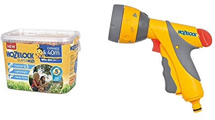 Hozelock 40m Superhoze Hosepipe, Yellow & Grey & Multi Spray Gun Plus