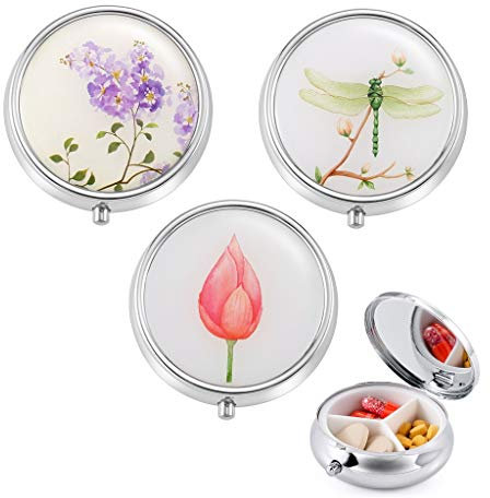 Haosell 3 Stück Metall Pillendose Rund, Pill Box Kleine 3 Fächer Tragbare Reise Pillendose Vintage Floral Libelle mit Spiegel Vitamine Medizin Tablet Organizer Case für Tägliche und Reise