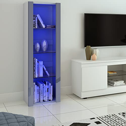 Panana High Gloss Tall Display Cabinet Wood Cupboard Sideboard Free Standing Storage Unit with Glass Shelves RGB LED Lights Living Room White (Grey)