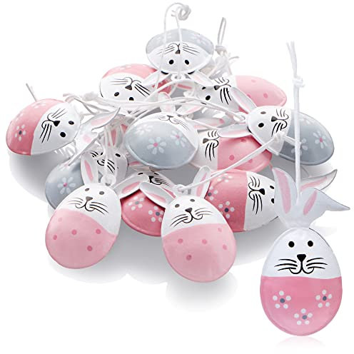 COM-FOUR® 12x Dekoaufhänger Ostern - Osterhase in Ei-Form aus robustem Metall - Osterdeko zum Aufhängen an Strauch, Baum, Tür und Fenster (grau + rosa)