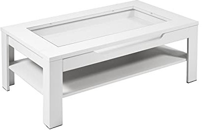 byLIVING Couchtisch Ralph/matt weiß/moderner Sofatisch mit Glaseinlage und großzügiger Schublade in weiß/Beistelltisch mit viel Stauraum/B 110, H 43, T 67 cm