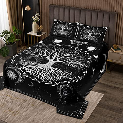 Tree of Life Tagesdecke 220x240cm Sonnen- und Monddruck Tagesdecke 3er Set für Teens Room Decor, Schwarz-weiß gesteppte Tagesdecke Schmetterlingsmotte Bettwäsche Steppdecke mit 2 Kissenbezügen