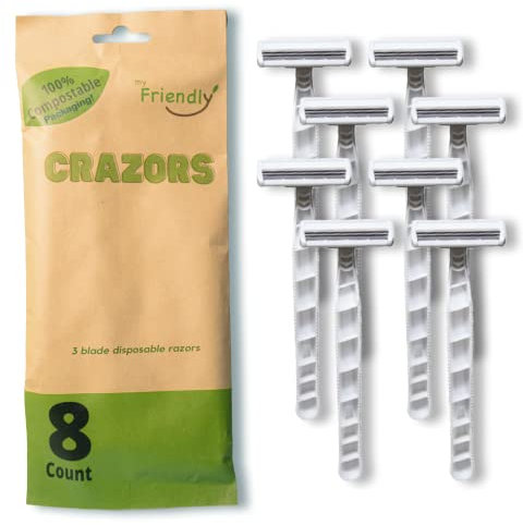 MyFriendly Crazors, Umweltfreundliche Rasierer, 3 Klingen, kompostierbares Material, EinwegRasierer, 8 Stück, Männer & Frauen Rasierer, Biologisch abbaubare Rasierer, Naturrasierer, BioRasierer,