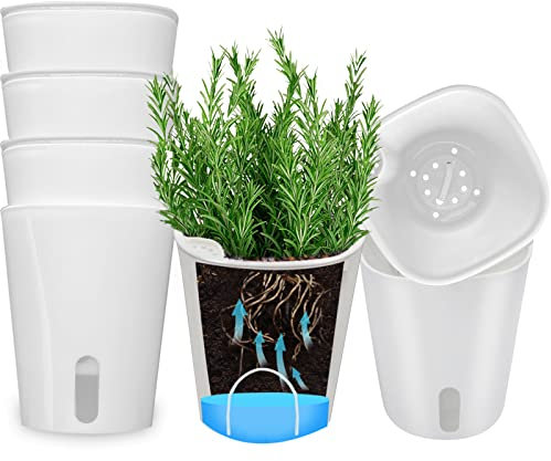 5X 12.5cm Macetas con Sistema Autorriego,Ronda Macetas Interior Macetas de BonsáI de Flores de JardíN para Plantas Aromaticas Orquideas,con Ventana de Nivel de Agua y Bandeja Oculta