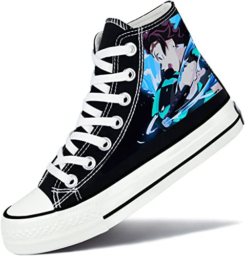 Roffatide Anime Demon Slayer High Top Canvas Sneakers Bedruckte Flache Schuhe Slip-Ons Schnür-Skateboardschuhe Schwarz A Unisex 37