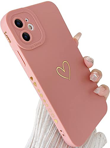SmoBea Compatible with iPhone 12 Mini Case, Cute Gold Heart Pattern Phone Case for Women Girls With Side Small Love Pattern Silicone Protective Shockproof Phone Case (pink)