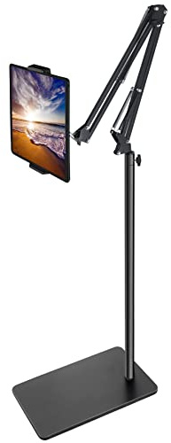 BluuSuuk Tablet Floor Stand with Double Weight Base, Overhead Bed Phone Mount Height Adjustable Arm Stretchable Stand Holder, Compatible with iPad Mini Air Pro, Galaxy Tab, Kindle, Switch, Cell Phones