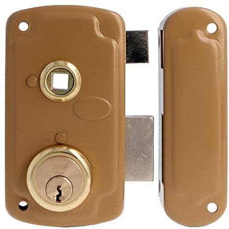 Amig - Cerradura de Sobreponer de Derecha con Palanca de Cierre, Lengüeta y Tirador para Puertas de Madera Mod. 75UN 66 x 120 mm Cilindro Redondo de Seguridad Acero Dorado