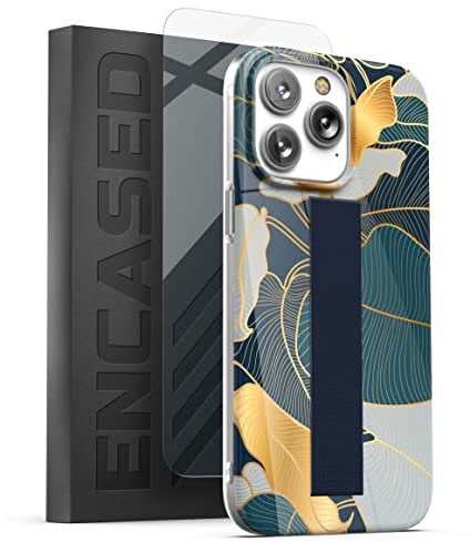 Encased Finger Strap Case Designed for iPhone 14 PRO MAX Case with Finger Loop and Screen Protector (Retail Packaging) - Blue/Gold Leaf