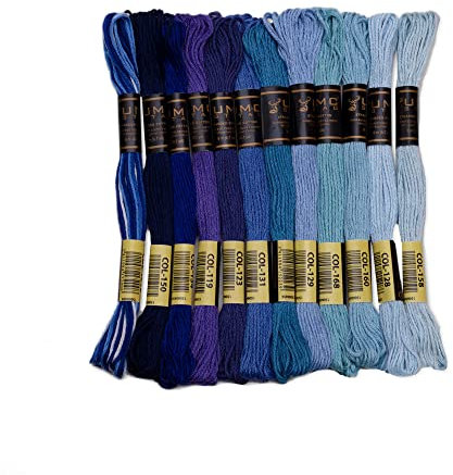 UMC STAG 12 pezzi di colore blu, filo da ricamo di alta qualità, matassine di cotone egiziano 100% di alta qualità, filo da ricamo per punto croce, cotone intrecciato certificato Oeko TEX (tonalità
