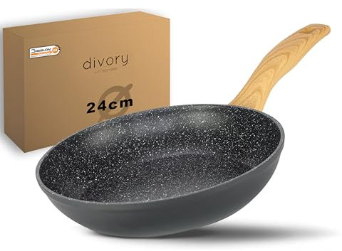 DIVORY Bratpfanne 24cm Induktion – Antihaft Beschichtete große Universalpfanne für alle Herdarten - Sichere Griffe, Spülmaschinen geeignet(Helles Holz, 24cm)
