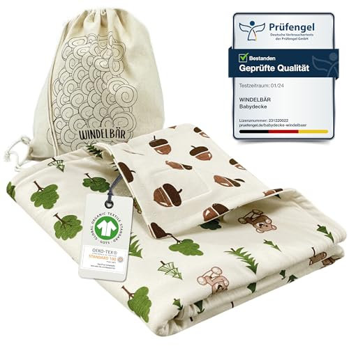Windelbär Babydecke 100% Bio Baumwolle [GOTS & ÖKOTEX Zertifiziert] 1 STK Kuscheldecke Wald 75x100 Baby Erstausstattung Neugeborene Krabbeldecke Sommerdecke Schmusedecke Erstausstattung Baby Blanket