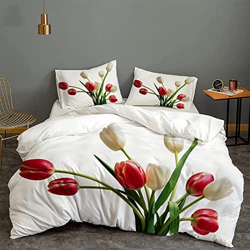 NODATE Tulpe Bettwäsche 135x200 Tulpe Bettbezug Superweiche Mikrofaser 3teilig Pflanze Blume Bettwäsche-Sets + 2 Kissenbezug 80x80 cm mit Reißverschluss