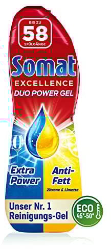 Somat Excellence Duo Power Gel (58 lavados) Detergente para lavavajillas para platos limpios y brillantes también en el programa Eco y a bajas temperaturas, limón y lima