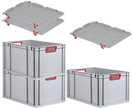 PROREGAL SuperSparSet 3x Eurobox NextGen Color mit Auflagedeckel & Schiebeschnappverschlüsse, HxBxT 32x40x60cm, 65L, Griffe rot offen, Verstärkter Boden, Eurobehälter Transportbox Transportbehälter