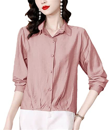 2023 Primavera Autunno Allentato Cotone Lino Camicia Bottonata per Donna Casual Solido Manica Lunga, rosa, XXL