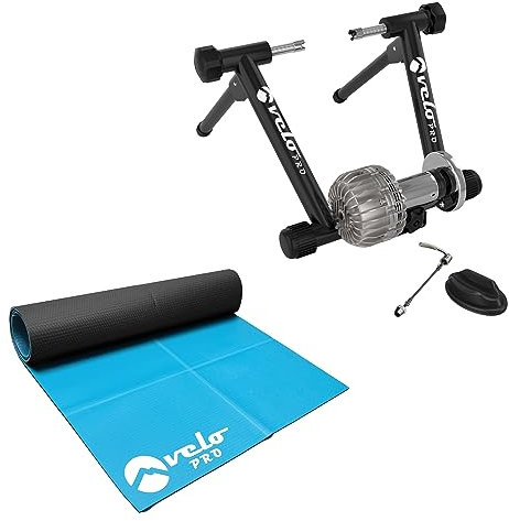 Velo Pro Fluid Turbo Trainer und Matte Bundle - Variabler Widerstand, Leiser Indoor Bike Trainer - Schwungrad für Rennräder & Mountainbikes - Stationärer Heimtrainer Ständer - Echtes Straßengefühl -