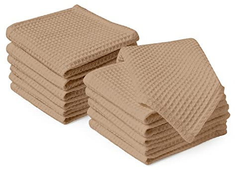 Encasa XO Serviettes de Cuisine et Gants de Toilette en Coton | Beige | Torchon Gaufré et à Tissage Plat | Ensemble de Torchons | 30x30 cm | Réutilisable et Séchage Rapide Lot de 12