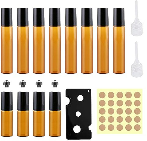 GVSAVY Pack of 12 Essential Oil Roll-On Bottles, Brown Glass Roll-On Bottles, Portable Travel Dispenser Bottles, Refillable Containers, Suitable for Essential Oils, Perfumes, Lotions