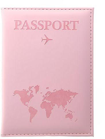 SamHeng Map Passport Holder, Portable Universal Passport Cover for Women Men, PU Leather Airplane Travel Wallet Case Organiser for Passport Credit Cards Boarding Passes (Pink)