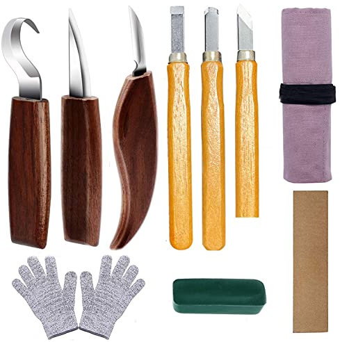 Juego de herramientas para tallar madera, juego de cuchillos 10 en 1 con mango de madera de nogal, herramientas para tallar con guantes resistentes a los cortes y piedras de afilar(10 unidades 1)