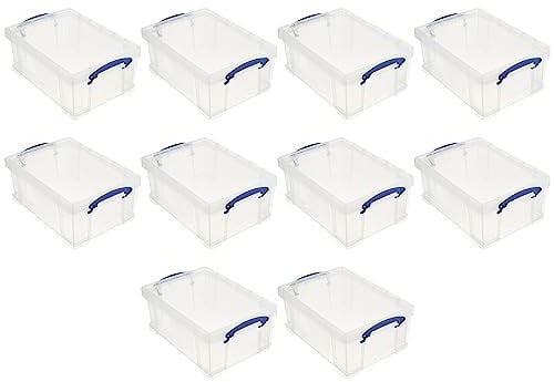 Really Useful Box Stackable 9 Liter Plastic Storage Container Bin with Snap Lid & Built-In Clip Lock Handles for Home & Office Organization (10 Pack)