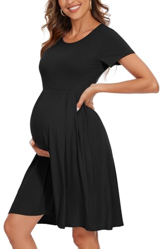 WOOXIO Women's Fashion Short Sleeve Maternity Dress with Pockets Patchwork Pregnancy Clothes Black,L
