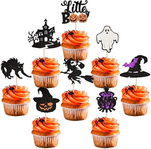 Xsstarmi 24 Pack Halloween Cupcake Toppers Glitter Little Boo Ghost Pumpkin Cupcake Picks Castle Witch Cat Cake Decorations for Halloween Theme Baby Shower Birthday Party Supplies