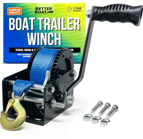 Boat Trailer Winch with Boat Winch Strap with Hook Manual Hand Winch Strap Heavy Duty Trailer Winches Hand Crank for Pulling Boat Parts for Trailers Car or Truck Towing One Speed Ratchet Gear 2000 lb