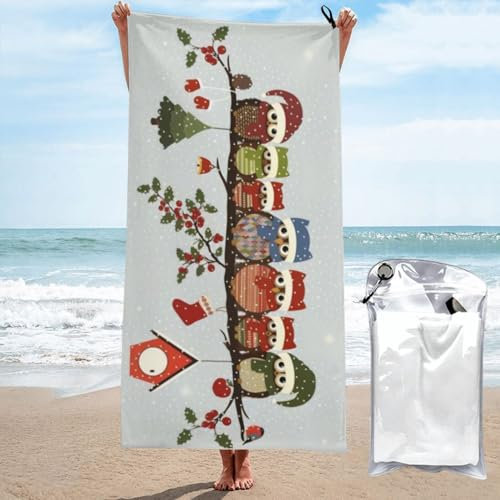 OPSREY Niedliche Weihnachten Eulen auf Ast gedruckt Mikrofaser Badetuch Schnell Trocknendes Strandtuch Saugfähig Gym Handtuch mit Tragetasche