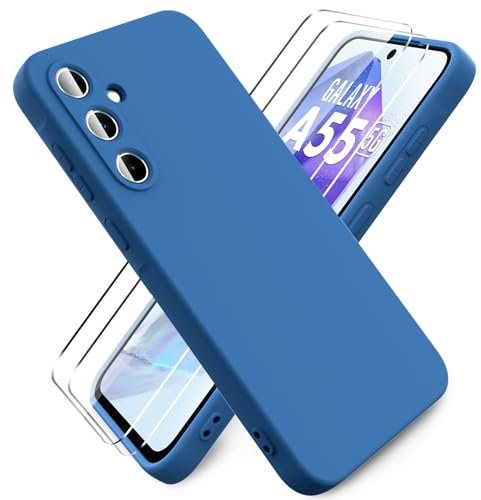 Ikziwreo - Hülle für Samsung Galaxy A55 5G Handyhülle, mit 2 Stück Displayschutzfolien, Reiner Farbe Ultradünne Weich Silikonhülle, Stoßfeste Anti-Scratch Gummi Schutzhülle - Blau