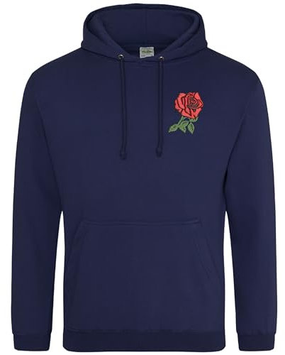 Embroidered English Rose Hoodie Men Rugby England Supporters Nations Hooded Top, M, Navy