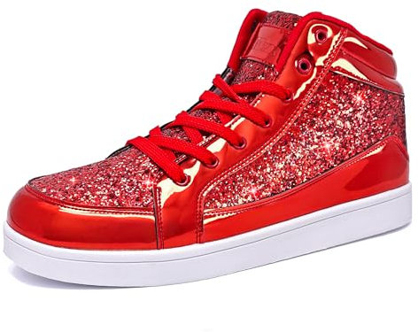 IGxx Glitzernde weiße Schuhe für Herren, modisch, hohe Oberseite, lässige Pailletten, funkelnde Sneaker, Herren, glitzernd, glänzend, Rot glitzernd, 41 EU
