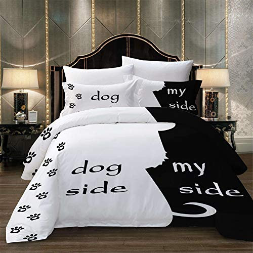 BDKCYO Hundeseite Und Meine Seite Bettwäsche Set Cat Side My Side Schwarz Weiß Bettbezug 200x200cm Paare Bettwäscheset Romantisches Thema Tagesdecke für Herren und Damen (Dog Side My Side,Doppelbett)