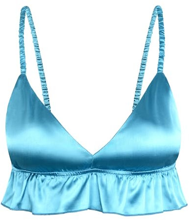 Satini Femminuccia con Volant Pieghettato Attillato Setoso Raso Lingerie Bralette (Blu Acqua, M)