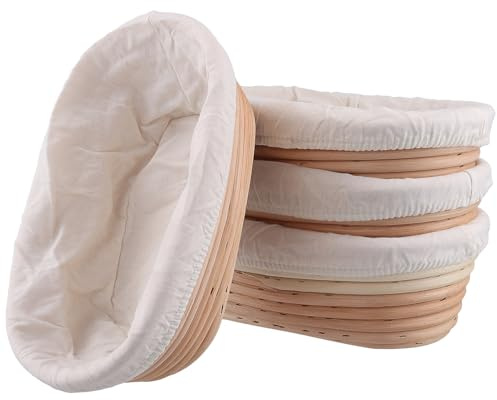 SINJEUN 4 PCS Oval Bread Proofing Basket with Liner, 25 x 15 x 8cm Sourdough Proving Basket, Rattan Bread Banneton Baskets for Dough Rising