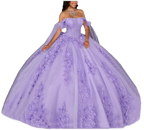 TSxuelian Vestido de quinceañera rosa con purpurina para mujer, vestido de baile con apliques florales 3D, vestidos de 16, Lila, 52