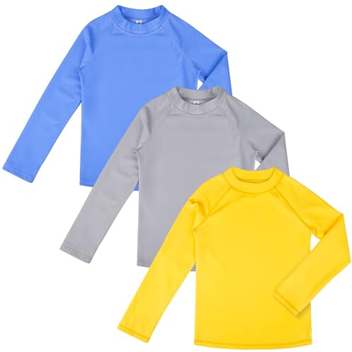 BIG ELEPHANT 3-pack barn rashguard badskjorta UPF 50+ långärmad rashguard badkläder surftoppar solskydd för pojkar flickor, 9-10 Years