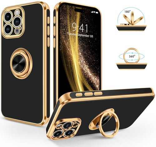 SouliGo iPhone 16 Pro Hülle, iPhone 16 Pro Handyhülle Slim weiche TPU Silikon Case Cover mit 360 Grad Ring Halter Ständer stabil Kratzfest Hülle für iPhone 16 Pro 6.3'' Schwarz Gold