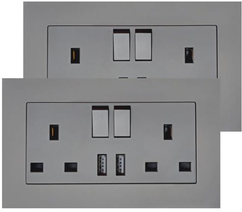 2 Pack Electrical Double Switched Power Socket, 3-pin 13A 2 Gang Plug Screwless Wall Socket with Two 2.1A USB Fast-Charging Charger Port, PC Plate Wall Outlet（Grey）
