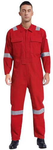 Miutii Herren Arbeitsoverall Mechanisch Jumpsuit Overall mit Reflektierende Streifen Schutzanzug Maleroverall Handwerker Arbeitskleidung Rot L